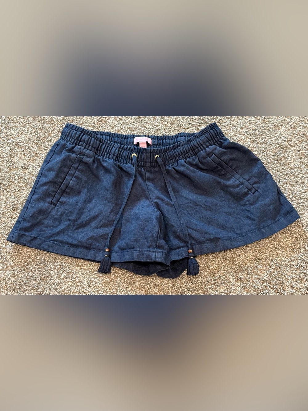 Lilly Pulitzer Navy Linen Blend Drawstring Tassel Short Shorts Women Size Small
